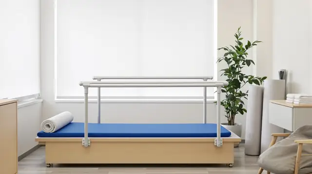 Stanowisko do nauki chodu: równoległe poręcze rehabilitacyjne na drewnianym podeście z niebieską matą antypoślizgową, obok szafka z ręcznikami