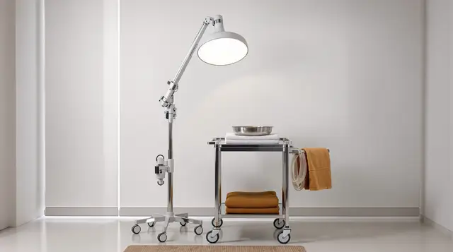 Lampa zabiegowa na kółkach obok stalowego wózka z ręcznikami i kocami